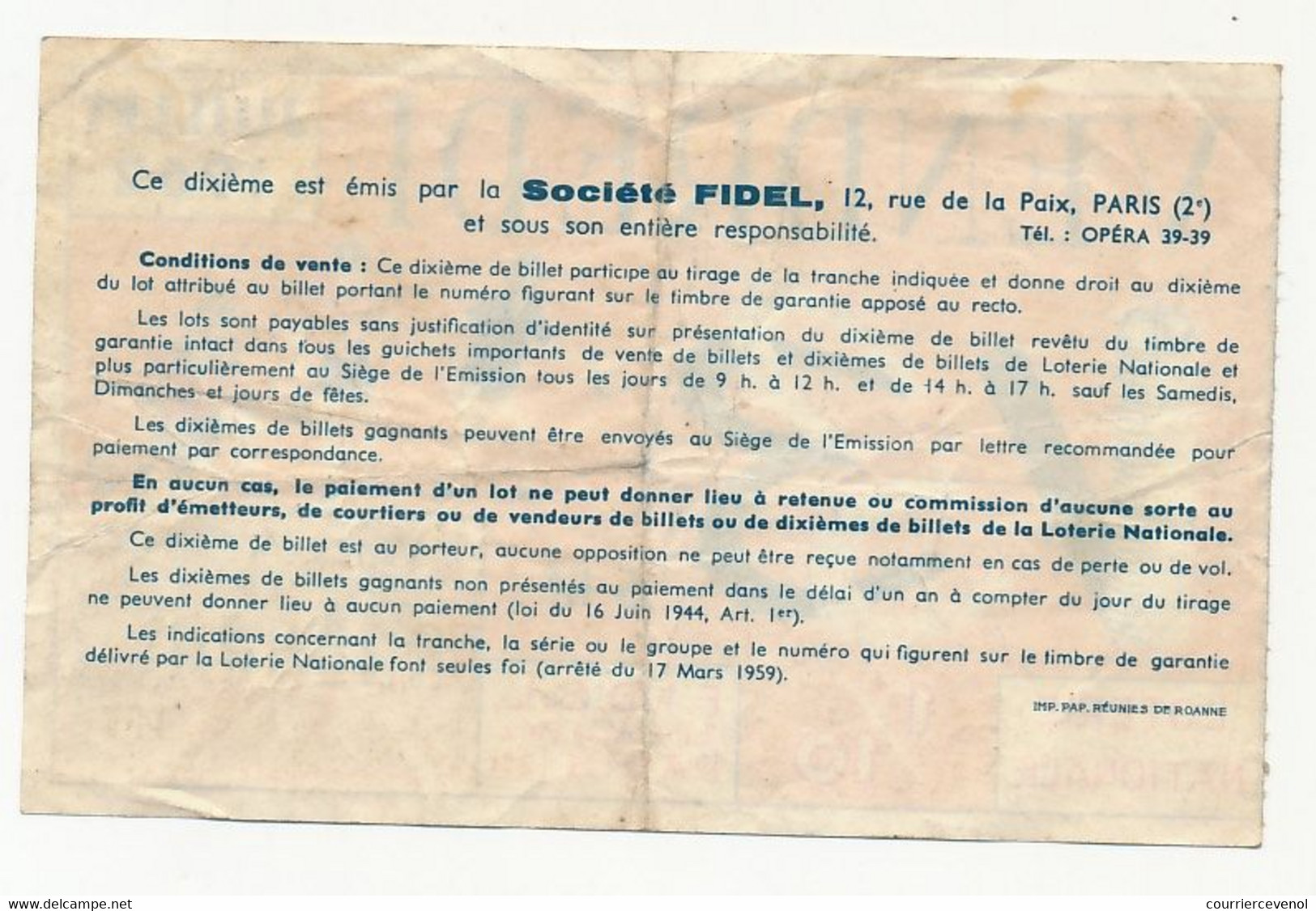 FRANCE - Loterie Nationale - 1/10ème - F.I.D.E.L. - Vendredi 13 - 1962 - Loterijbiljetten