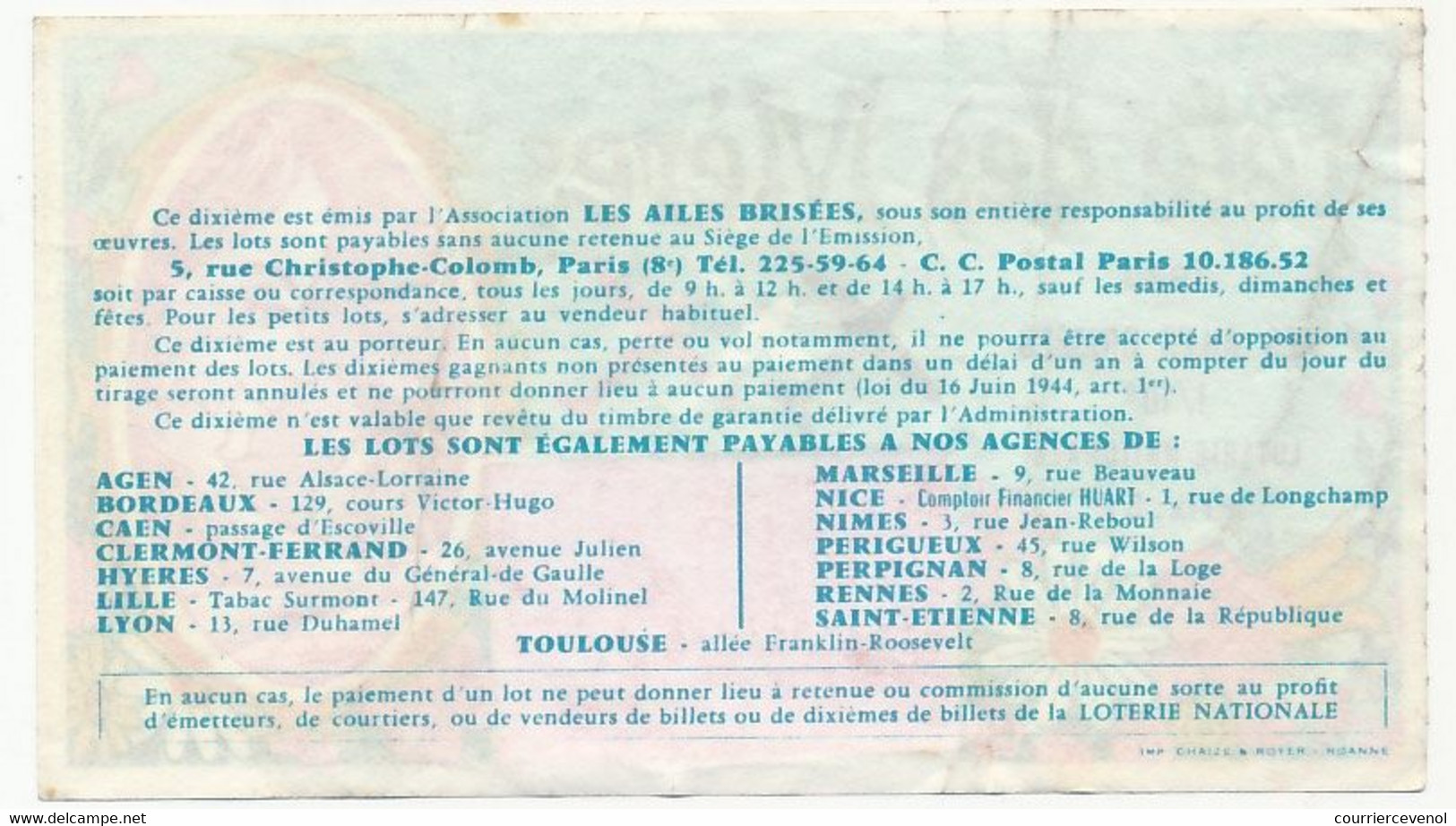 FRANCE - Loterie Nationale - 1/10ème - Les Ailes Brisées - Fête Des Mères - 1969 - Lottery Tickets