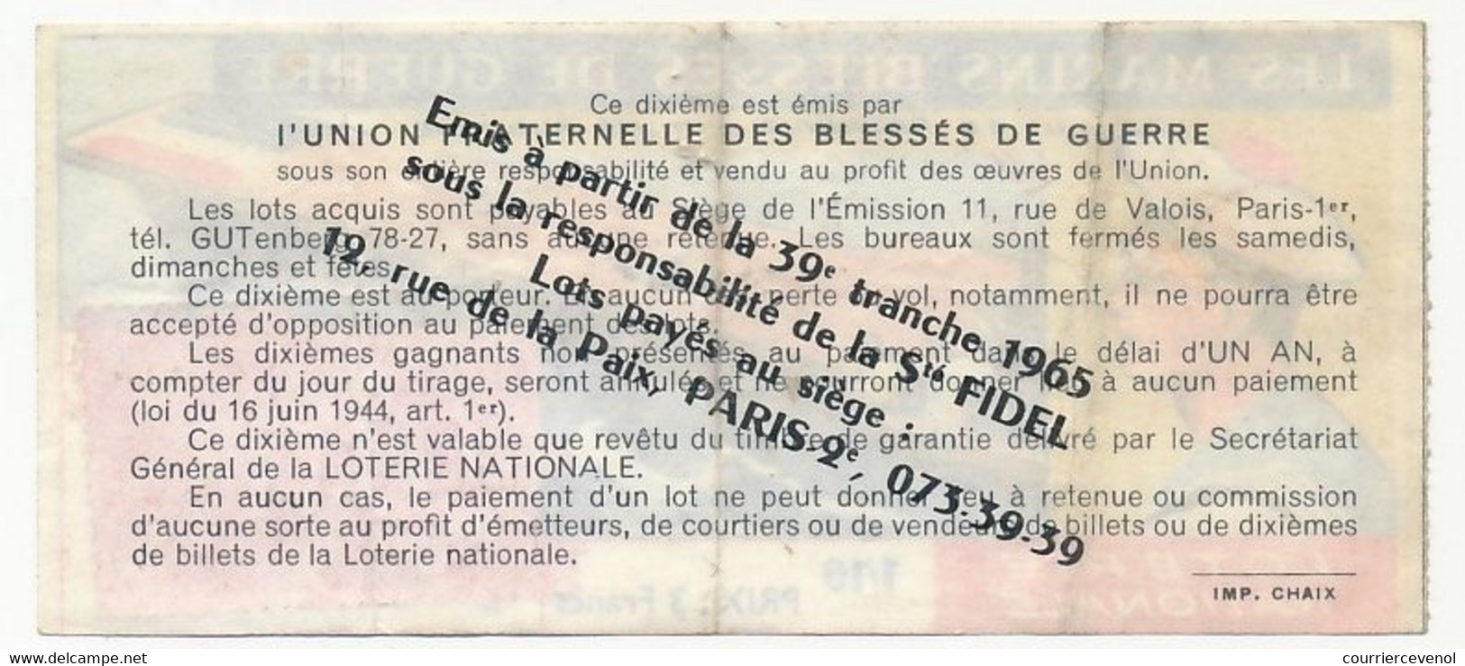 FRANCE - Loterie Nationale - 1/10ème - Les Marins Blessés De Guerre - 29eme Tranche 1967 - Biglietti Della Lotteria
