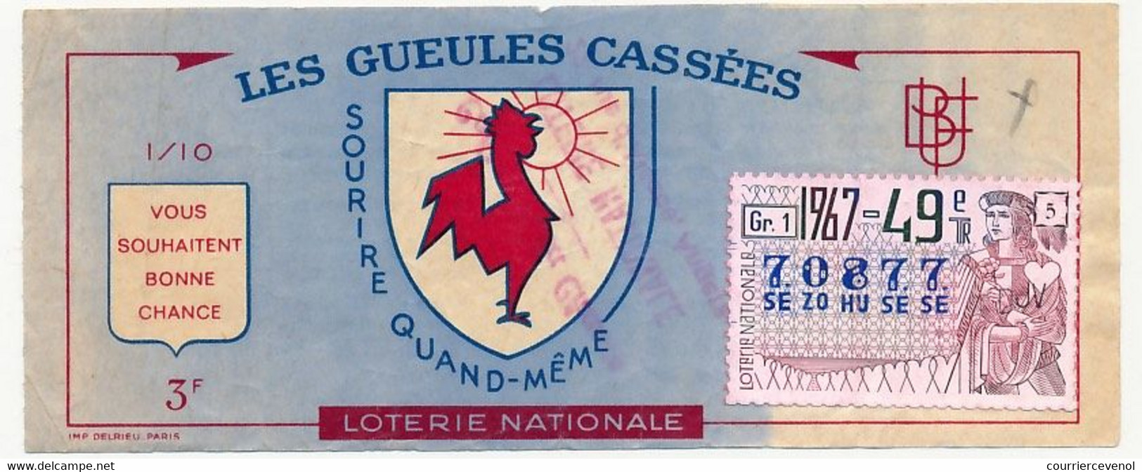 FRANCE - Loterie Nationale - 1/10ème - Les Gueules Cassées  - Sourire Quand Même - 49eme Tranche 1967 - Billets De Loterie