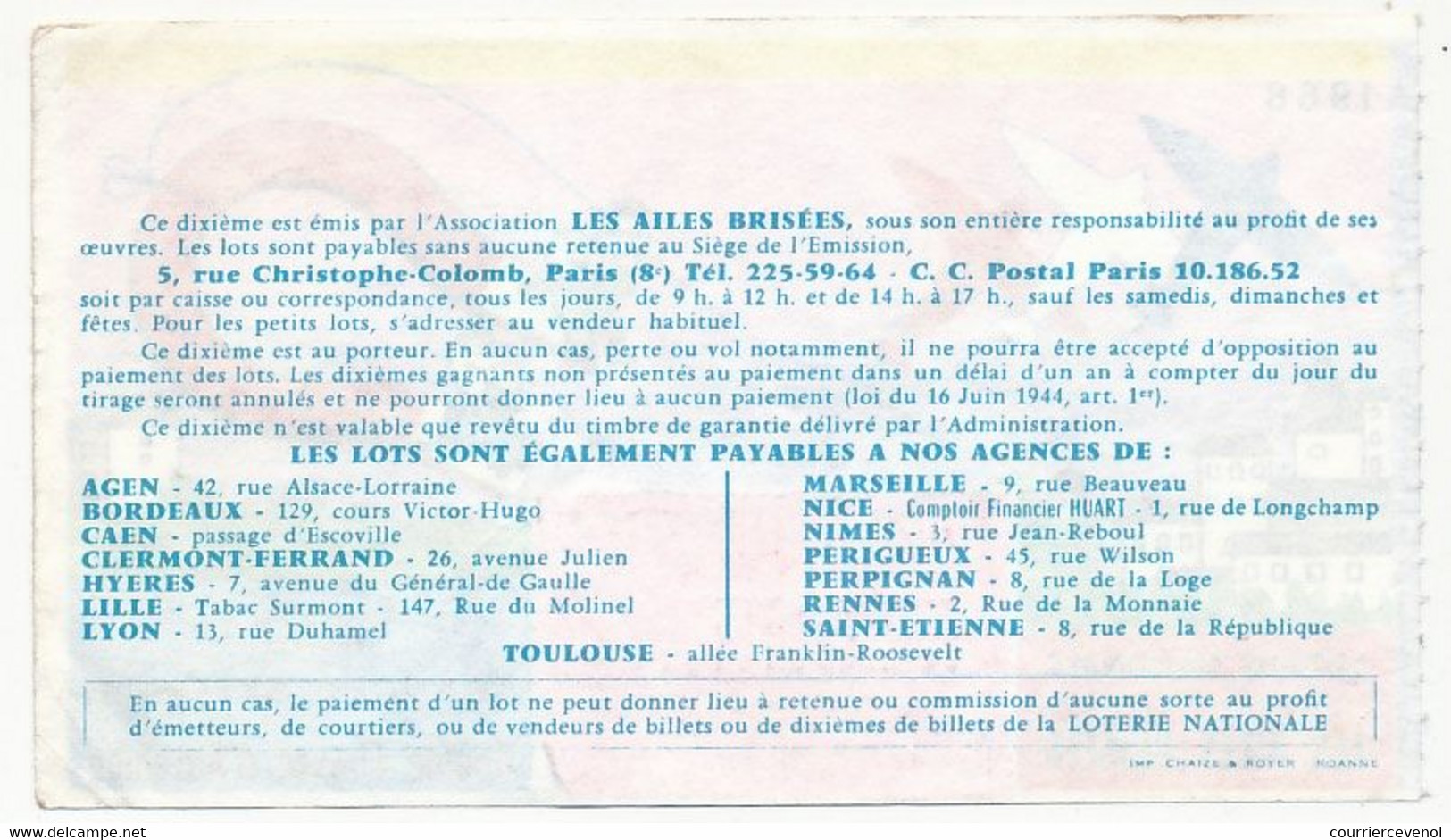 FRANCE - Loterie Nationale - 1/10ème - Les Ailes Brisées - Double Chance D'Automne - 1968 - Billets De Loterie