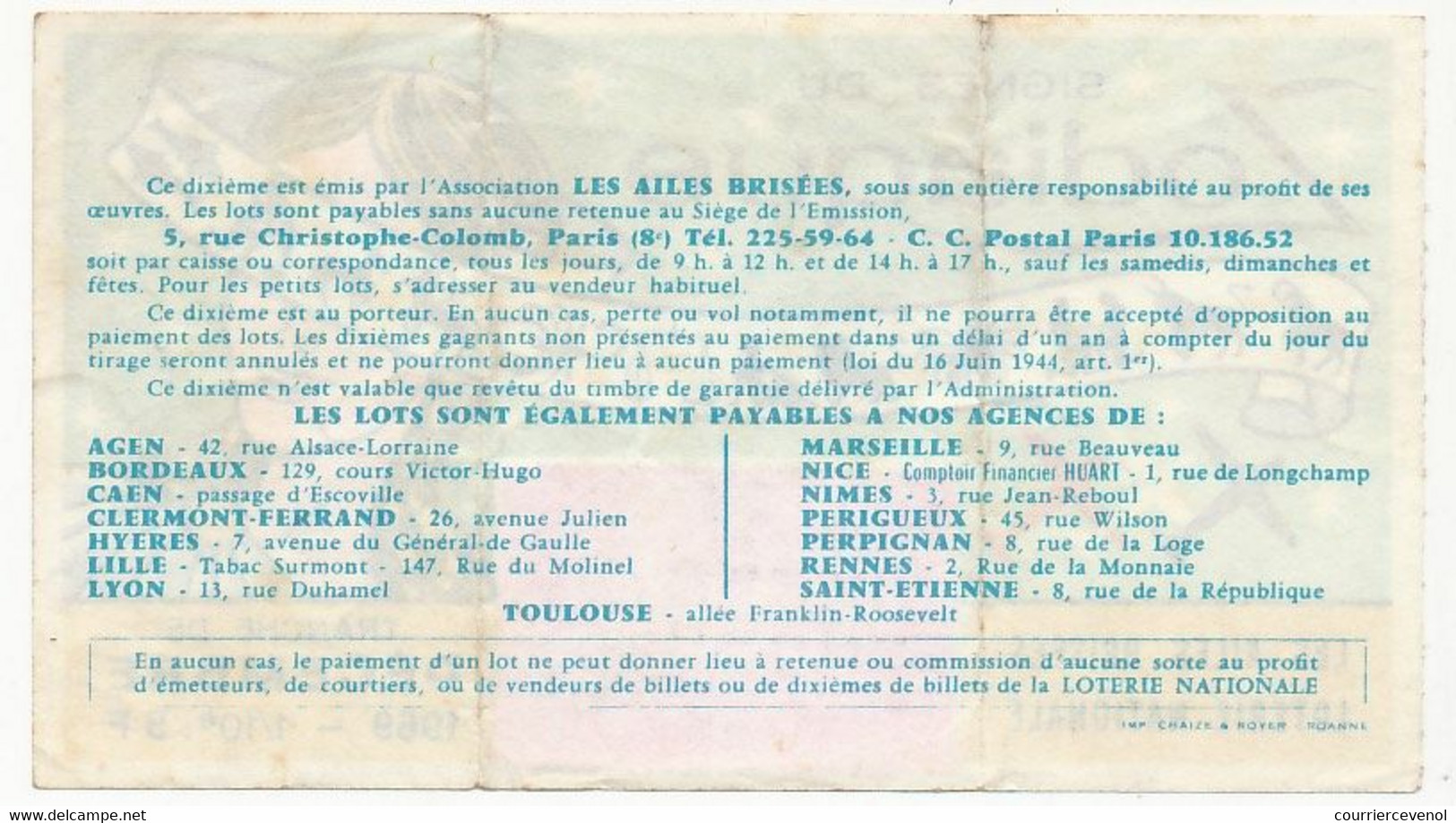 FRANCE - Loterie Nationale - 1/10ème - Les Ailes Brisées - Signes Du Zodiaque - Tranche De Décembre 1969 - Loterijbiljetten