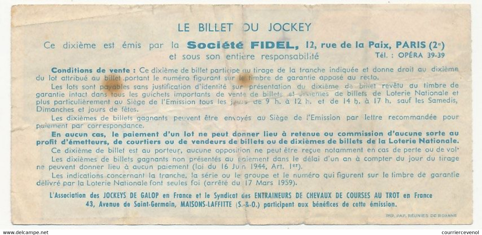 FRANCE - Loterie Nationale - 1/10ème - F.I.D.E.L. - Le Billet Du Jockey - 17eme Tranche 1966 - Lotterielose