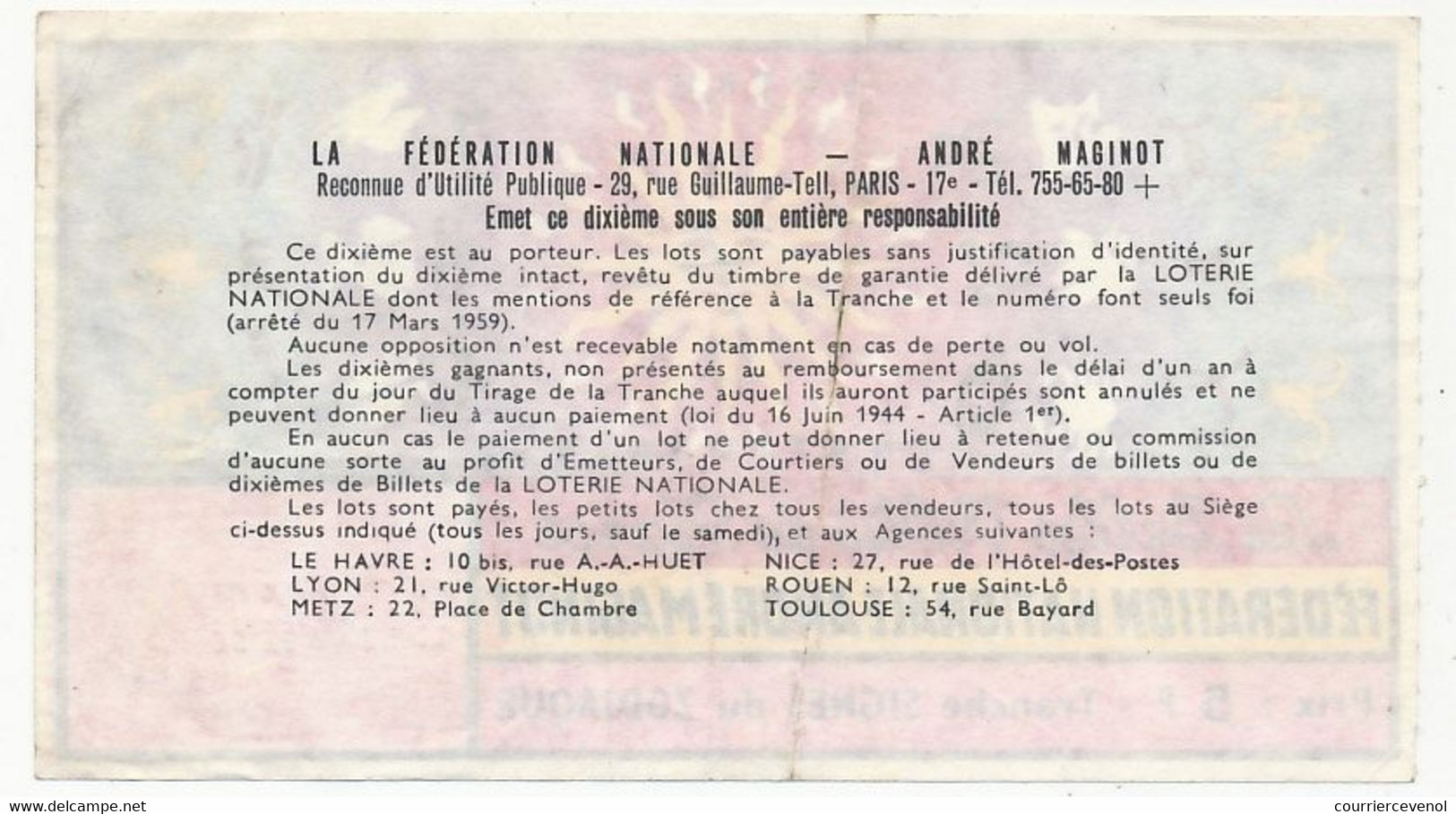 FRANCE - Loterie Nationale - 1/10ème - Fédération Ntle André Maginot - Tranche Signes Du Zodiaque 1974 - Billets De Loterie