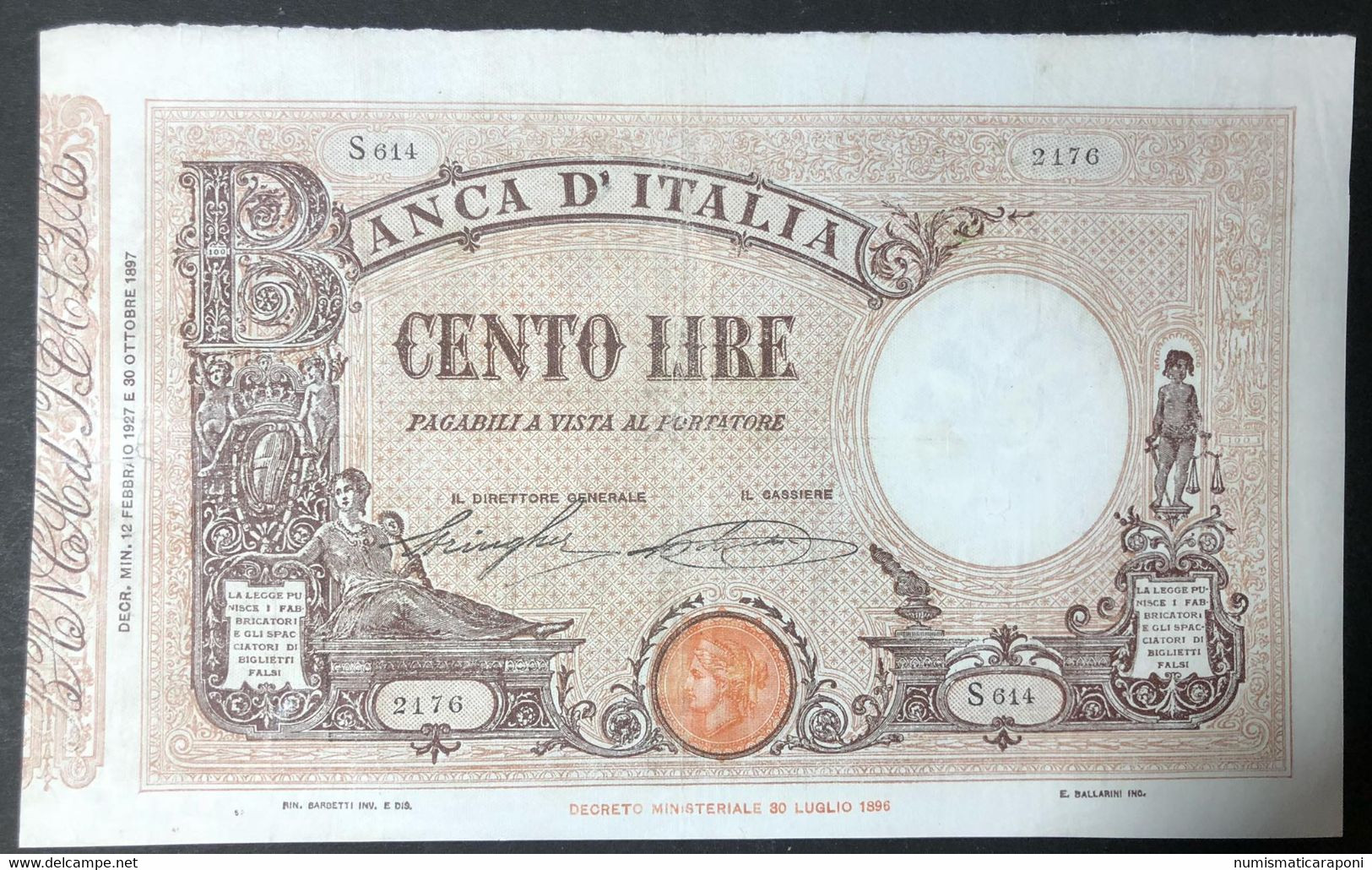 100 Lire Matrice Laterale Fascio 12 02 1927 Raro Biglietto Pressato E Restaurato  LOTTO 4126 - Collezioni