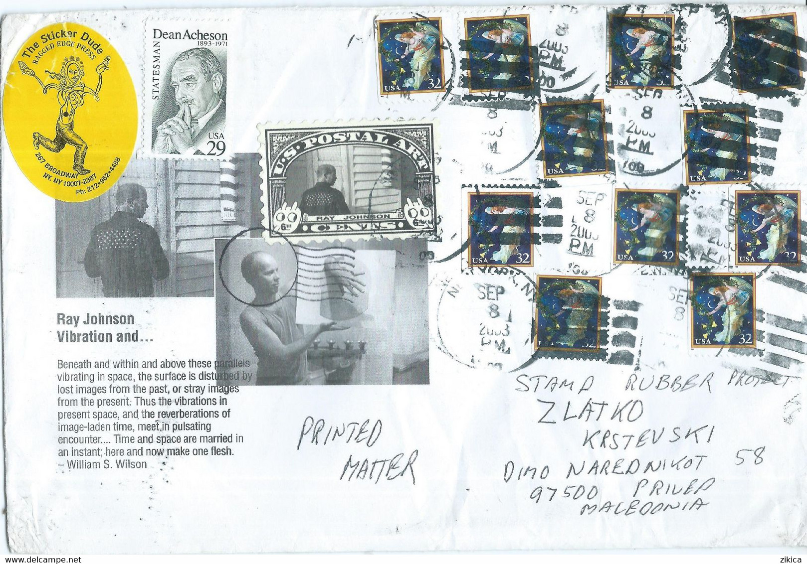 United States - BIG Cover MAIL  ART 2003 Via Macedonia,stamps : 1995 Midnight Angel - Self-Adhesive - Cartas & Documentos