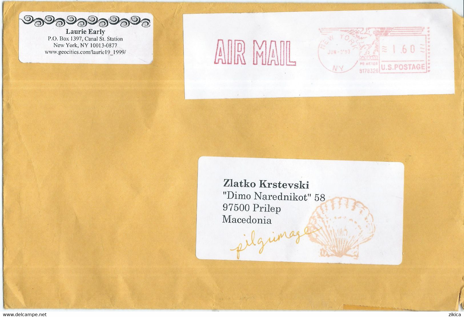United States - BIG Cover MAIL  ART ( Shell ) 2003 Via Macedonia,stamps :post Label New York Air Mail - Cartas & Documentos