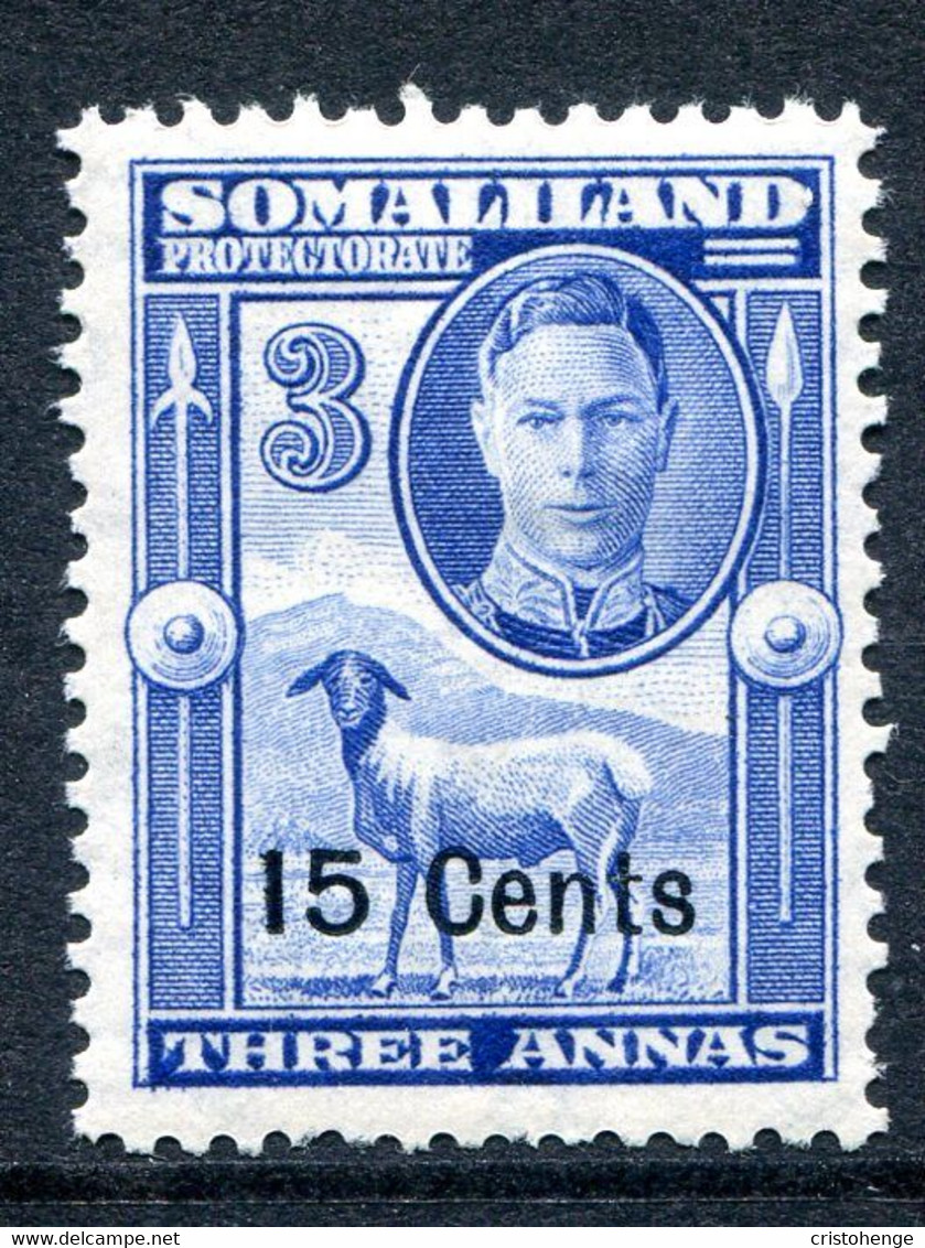 Somaliland 1951 KGVI - Surcharges - Sheep, Kudu & Map Issue - 15c On 3a Bright Blue HHM (SG 127) - Somaliland (Protectoraat ...-1959)