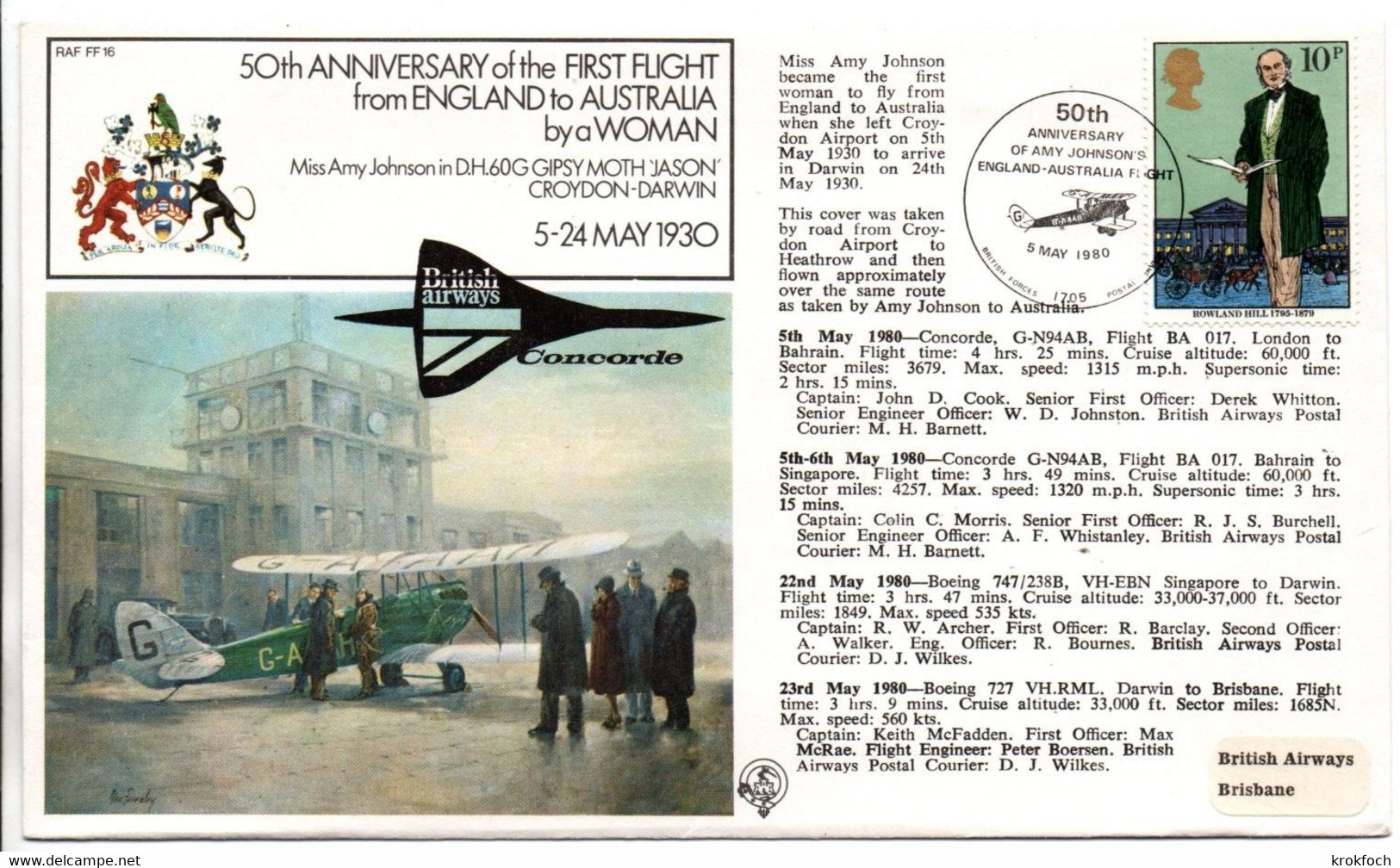 50th Anniversary Of First Flight From England To Australia By A Woman - Flown By Concorde BA London Brisbane 1980 - Erst- U. Sonderflugbriefe