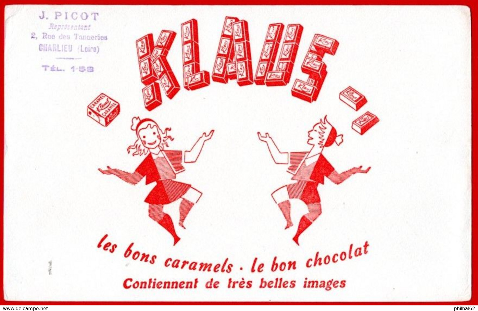 Buvard Chocolats Et Caramels Klaus. Cachet Représentant à Charlieu (Loire). - Chocolat