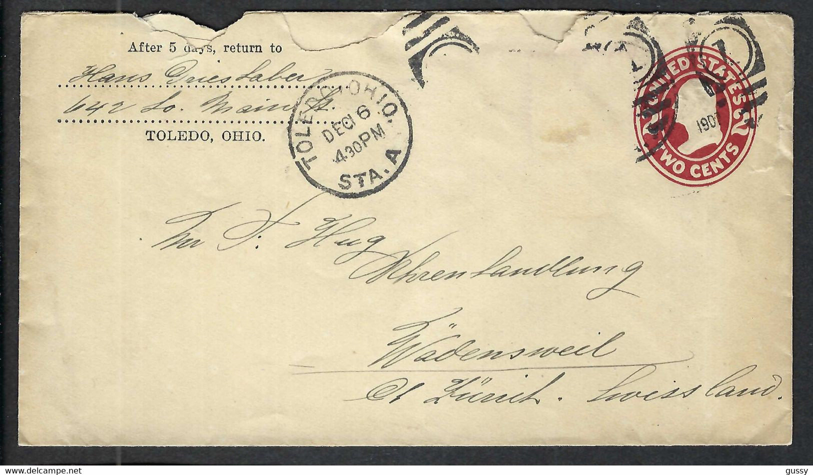 ETATS-UNIS 1907: LSC Entier De 2c De Toledo (Ohio) Pour Wädenswil (ZH, Suisse), TP D'affr. Compl. De 3c Absent - 1901-20