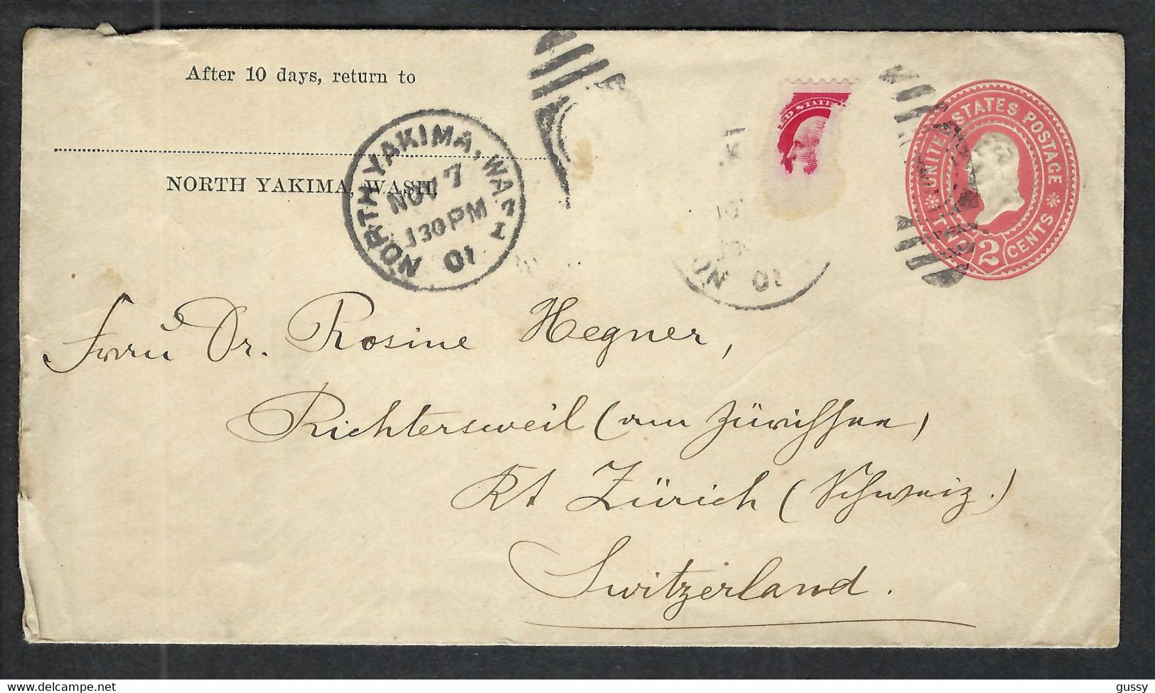 ETATS-UNIS 1901: LSC Entier De 2c De North Yakima (Wash.) Pour Zürich (Suisse), Affr. Compl. De 3c Absent - 1901-20