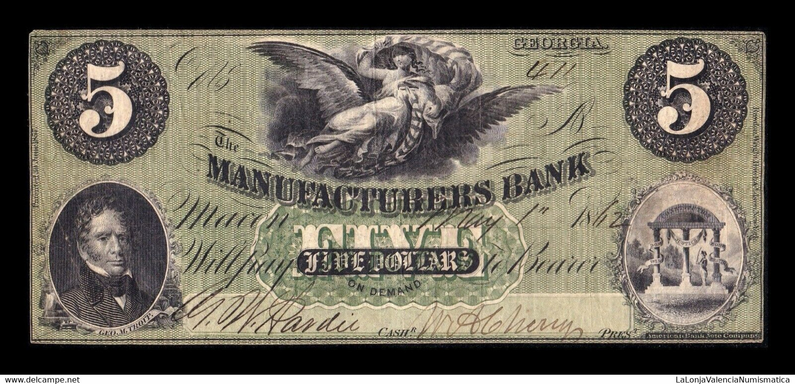 Estados Unidos United States 5 Dollars 1862 Manufacturers Bank Georgia MBC - AVF - Valuta Della Confederazione (1861-1864)