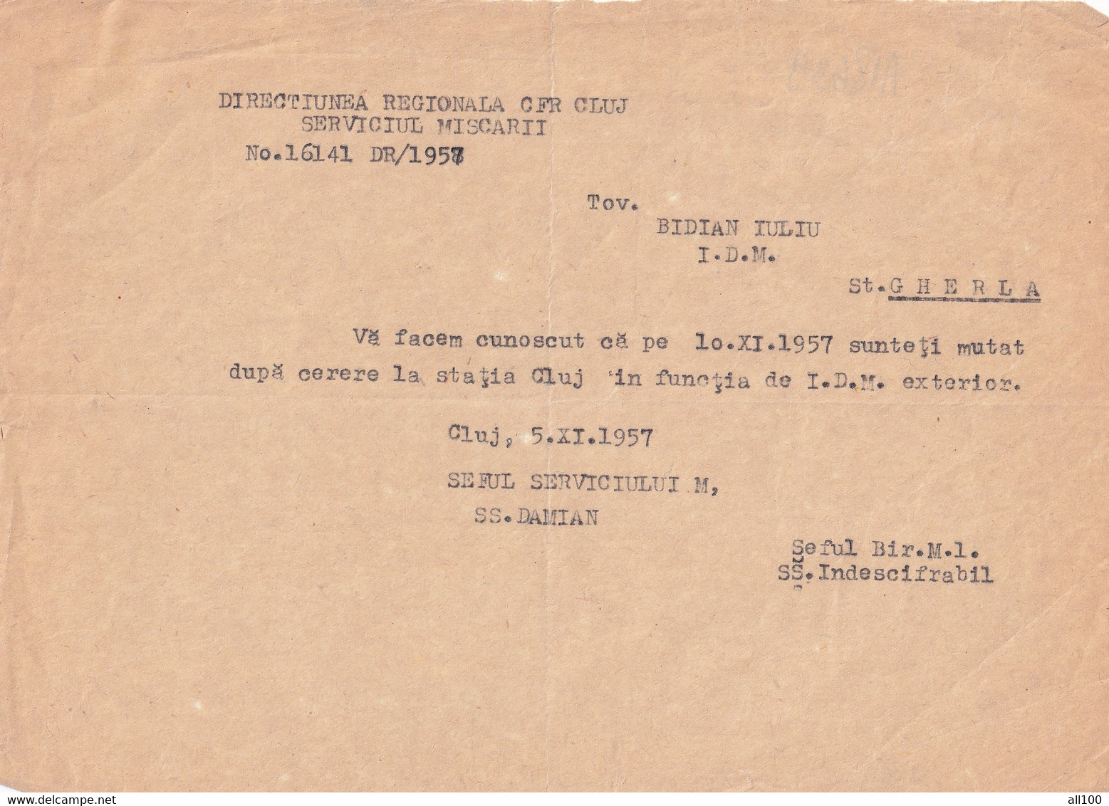 A18639 - CFR CAILE FERATE ROMANE ROMANIAN RAILWAYS OLD DOCUMENT GHERLA CLUJ-NAPOCA CLUJ 1957 - Europe