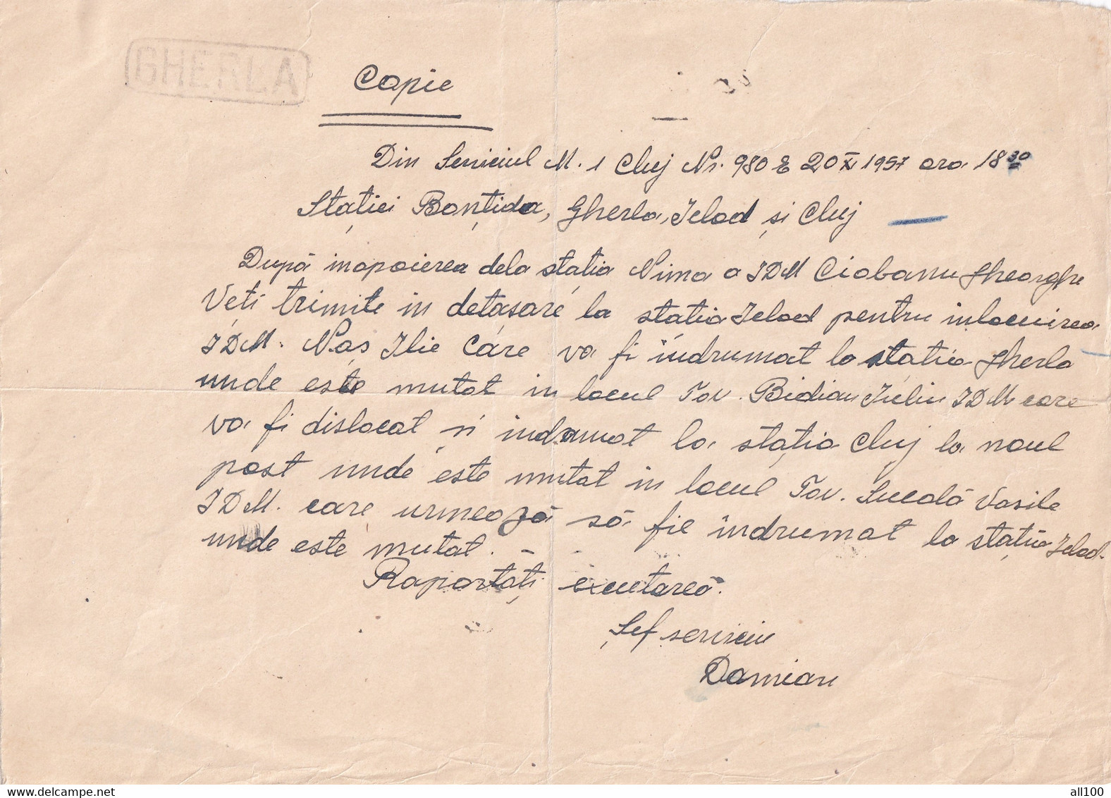 A18640 - CFR CAILE FERATE ROMANE ROMANIAN RAILWAYS OLD DOCUMENT BONTIDA GHERLA ICLOD CLUJ-NAPOCA CLUJ 1957 HANDWRITING - Europe