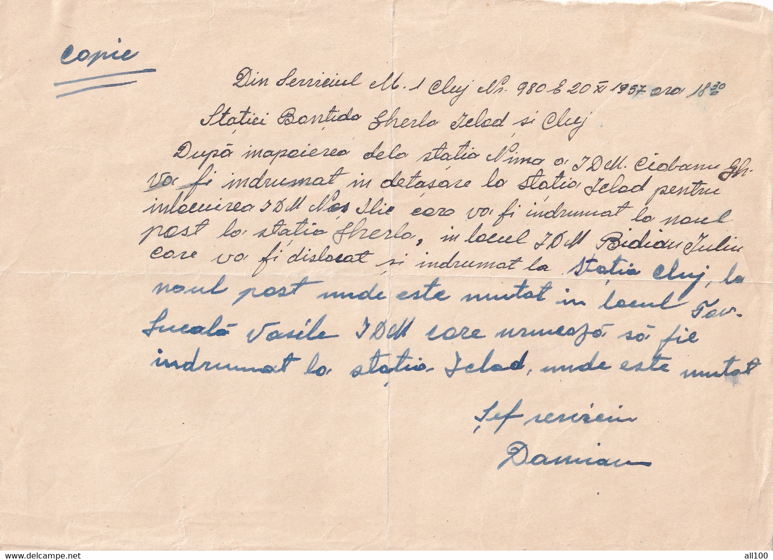 A18641 - CFR CAILE FERATE ROMANE ROMANIAN RAILWAYS OLD DOCUMENT BONTIDA GHERLA ICLOD CLUJ-NAPOCA CLUJ 1957 HANDWRITING - Europe