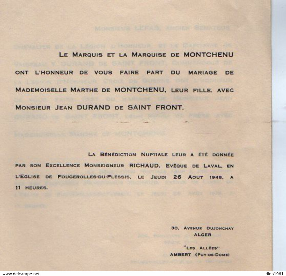 VP20.474 - 1948 - PARIS X FOUGEROLLES X AUBERT / Faire - Part De Mariage / Mr DURAND De SAINT FRONT & Melle De MONTCHENU - Boda