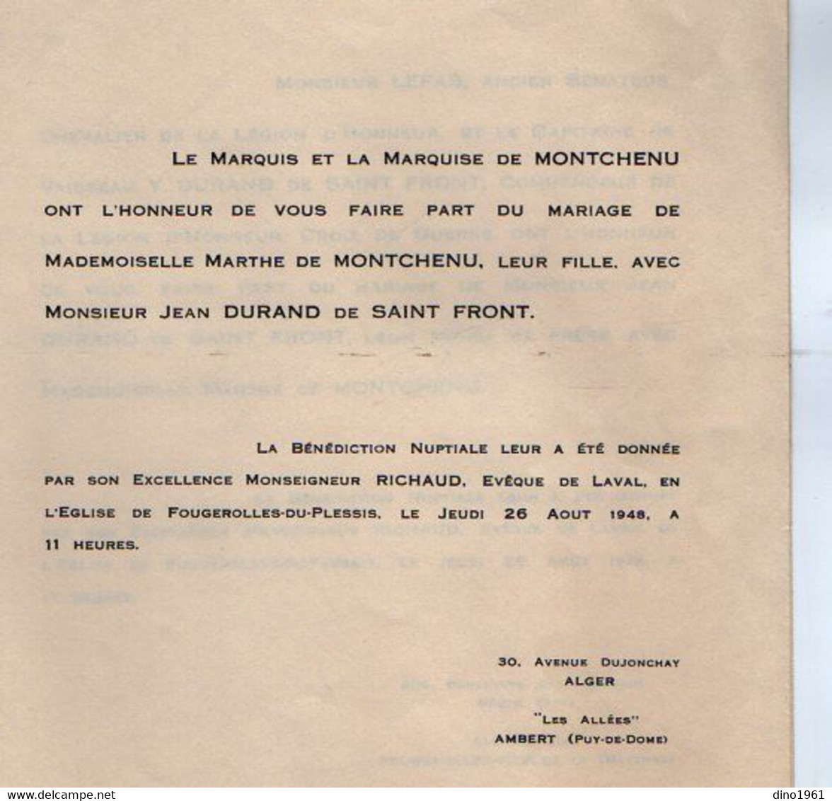 VP20.474 - 1948 - PARIS X FOUGEROLLES X AUBERT / Faire - Part De Mariage / Mr DURAND De SAINT FRONT & Melle De MONTCHENU - Annunci Di Nozze