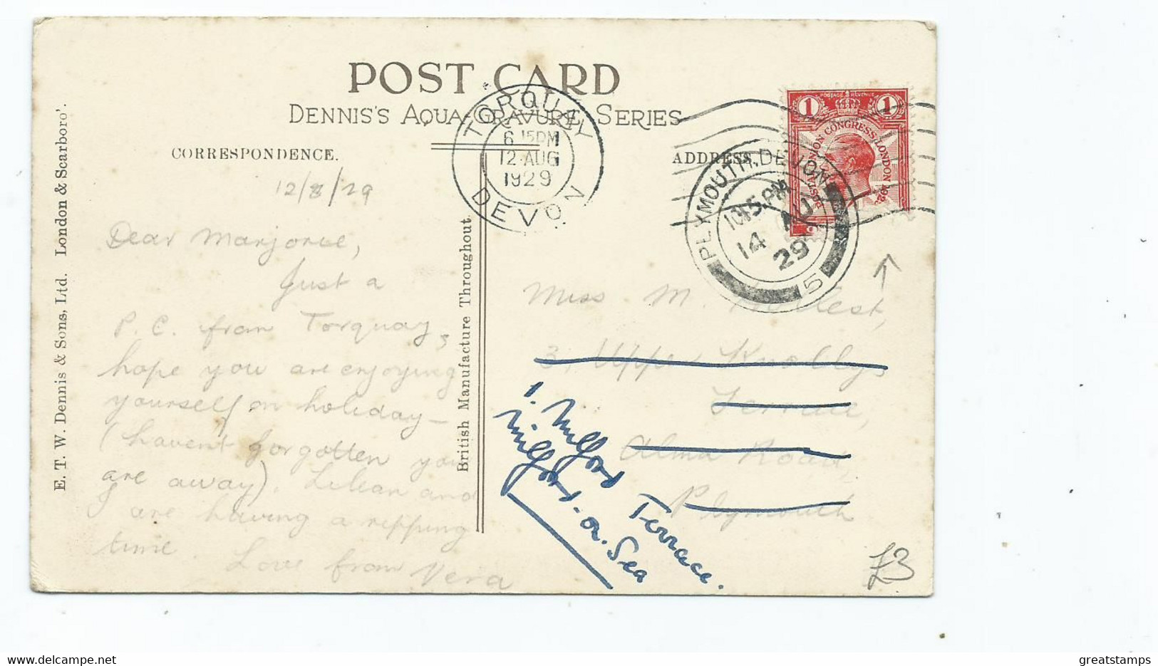 Devon Postcard Torquay Posted 1929 Vane Hill Waldon Hill E.t.w. Dennis Stamp Damaged - Torquay