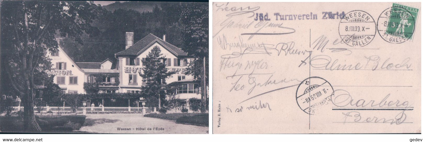 Weesen SG, Hôtel De L'Epée + Cachet Linéaire Jüd. Turnverein Zürich (8.8.1909) - Weesen