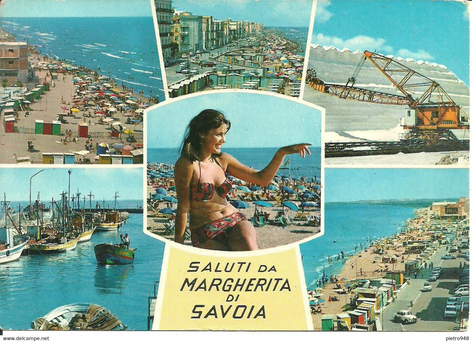 Margherita Di Savoia (Barletta) Vedute: Spiaggia, Lungomare, Porto, Saline E Ragazza In Spiaggi In Bikini (Sexi, Pin Up) - Barletta