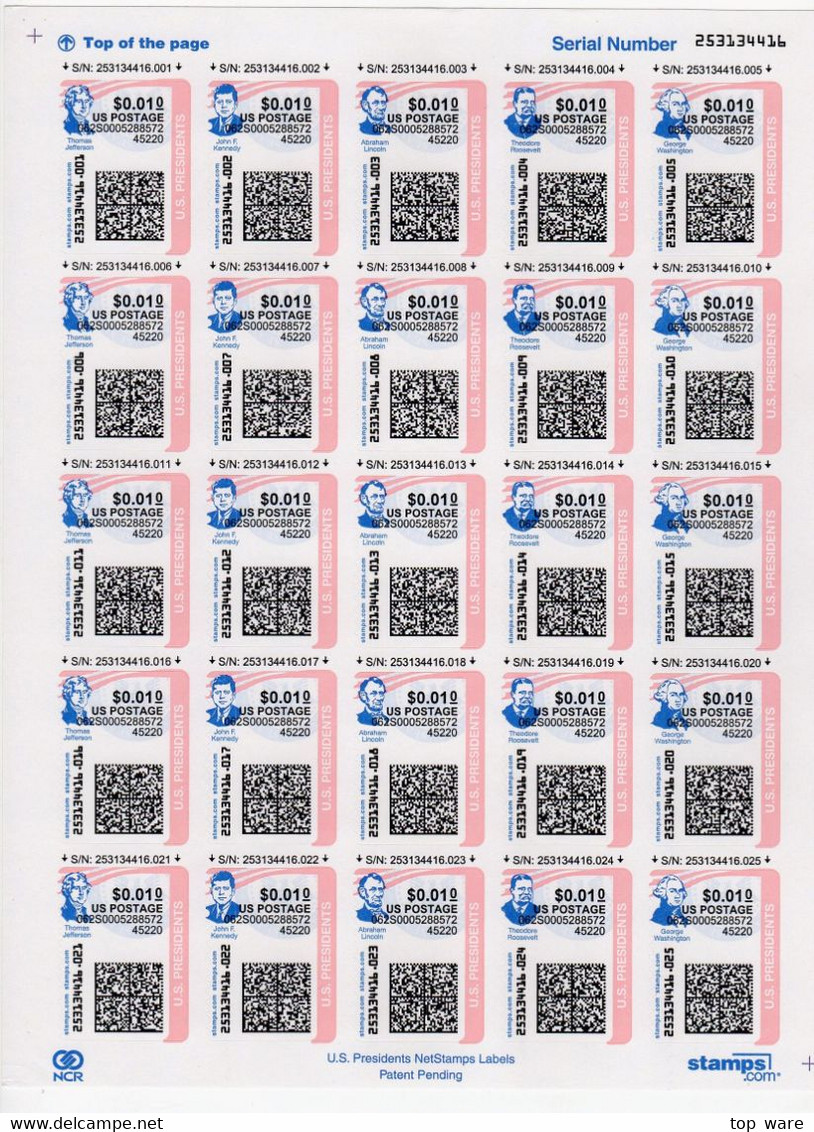 USA 2003-2006 / 10 Full Sheets Of Netstamps CVP ATM Stamps.com MNH RARE Automatenmarken Etiquetas - Hojas Completas