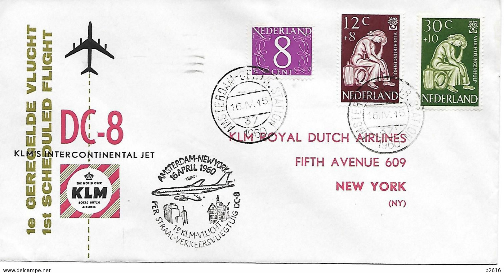 PAYS- BAS -  AMSTERDAM 1937 -  AMSTERDAM - NEW YORK 16 AVRIL 1960 - DC8 KLM INTERCONTINENTAL JET - Poste Aérienne