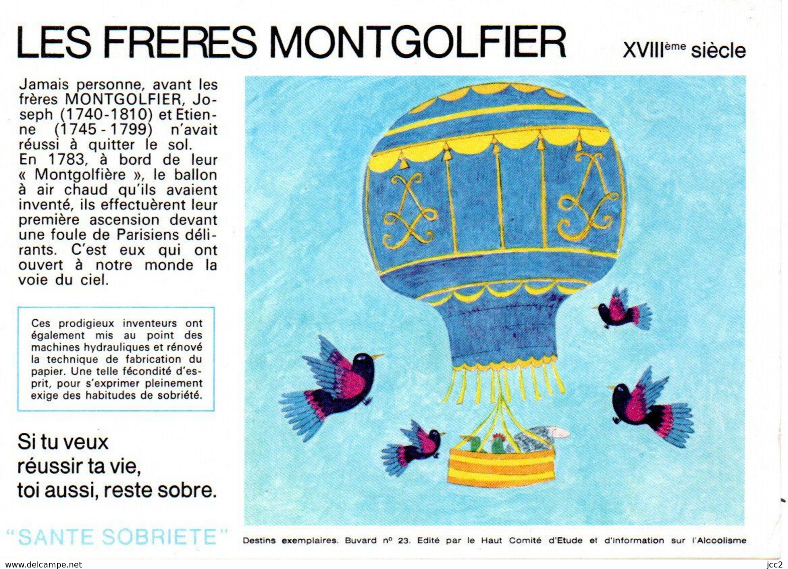 Buvard  SANTE  SOBRIETE  N° 23 Les Frères Montgolfier  Edité  Par Le Comité D' Etude Et D' Information Sur L' Alcoolisme - Colecciones & Series