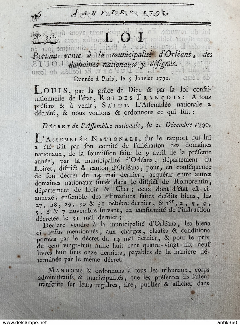 Lot De 2 Extraits De Loi 1791 Révolution Vente Domaines Nationaux à La Municipalité D'Orléans - Wetten & Decreten