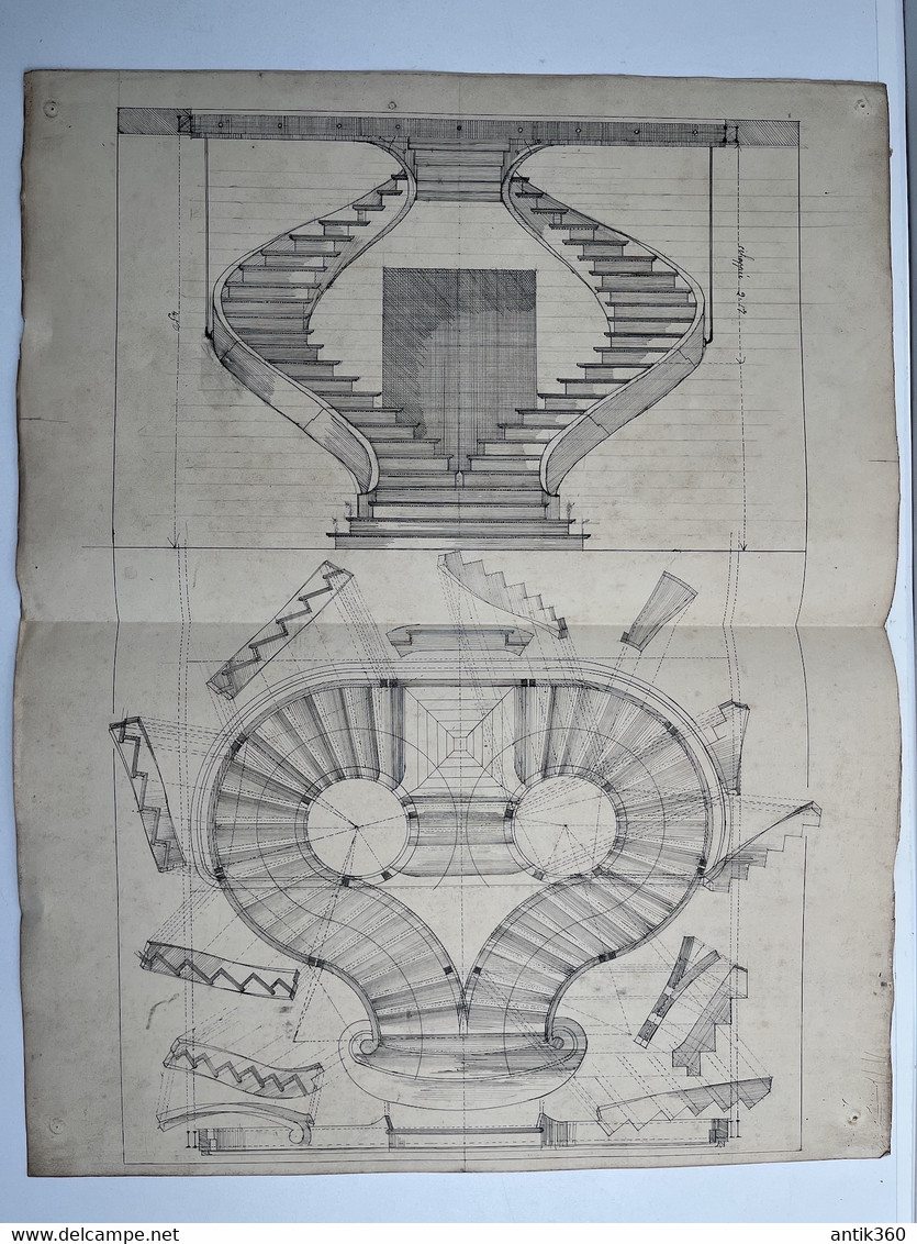 Ancien Dessin D'architecte Compagnon Du Devoir Plan D'Escalier . - Dessins