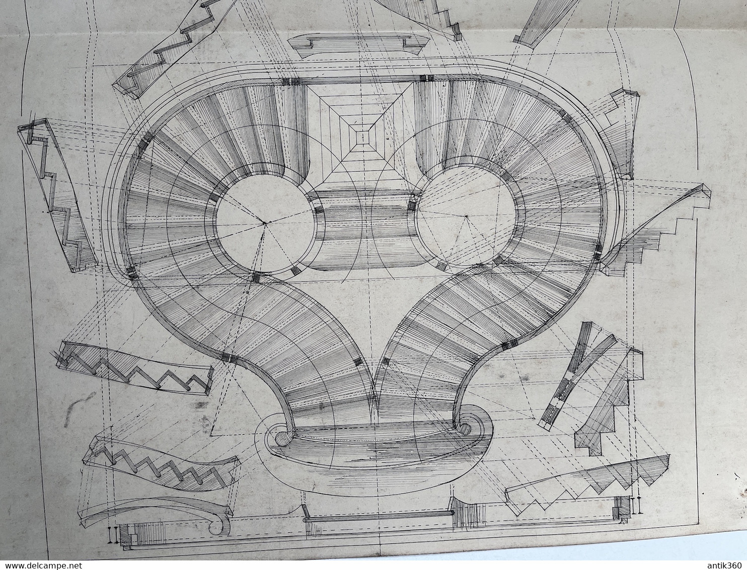 Ancien Dessin D'architecte Compagnon Du Devoir Plan D'Escalier . - Drawings