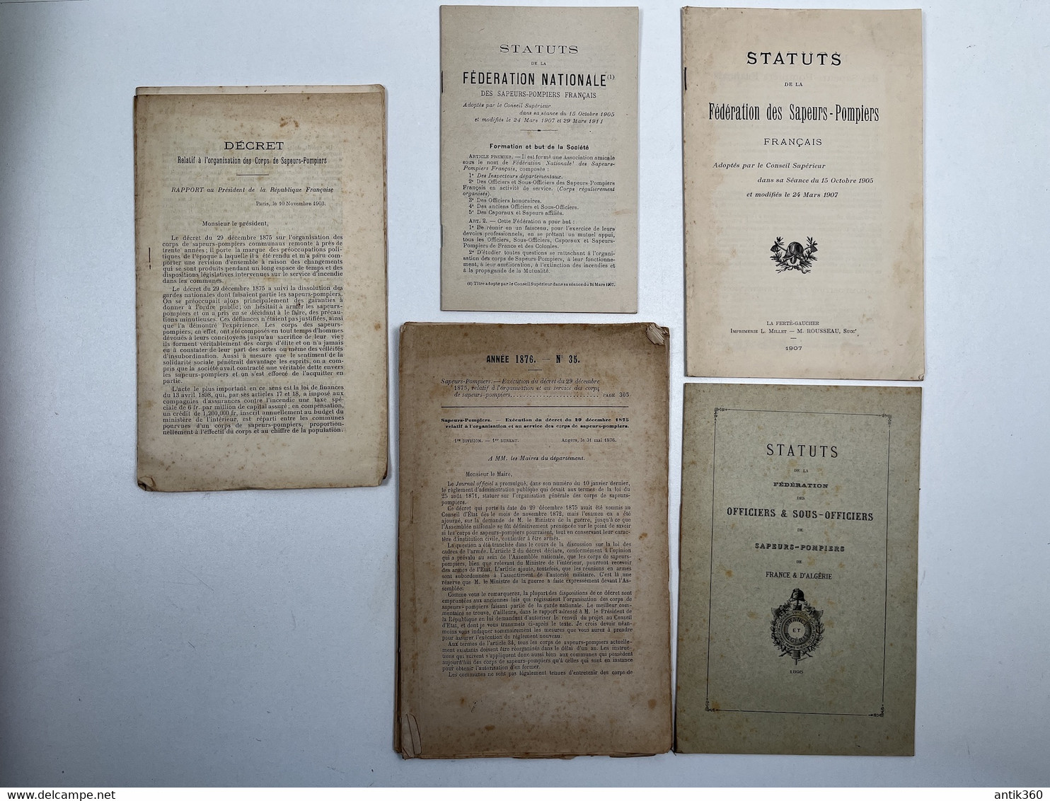 Lot De 5 Documents Législatifs Statuts Pompiers France Et Algérie XIXe Et XXe - Pompiers
