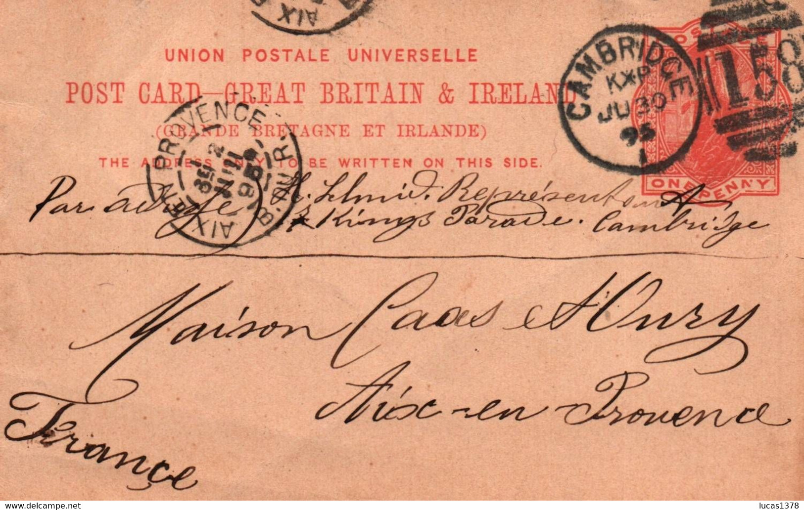 CP POSTMARK Entier Postal Great Britain & Ireland R U& Irlande 30/06/1895 One Penny From CAMBRIDGE TO AIX EN PROVENCE - Storia Postale