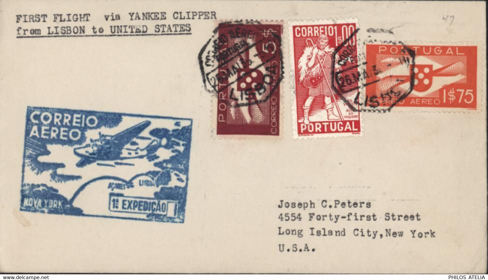 First Flight Via Yankee Clipper From Lisbon To USA + Correio Aereo Portugal USA YT Portugal N°587 + Poste Aérienne N°2 6 - Covers & Documents