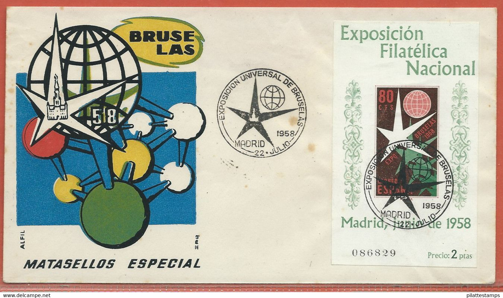 EXPOSITION ESPAGNE 2 LETTRES FDC BRUXELLES DE 1958 DE MADRID (ROUSSEURS) - 1958 – Brussel (België)