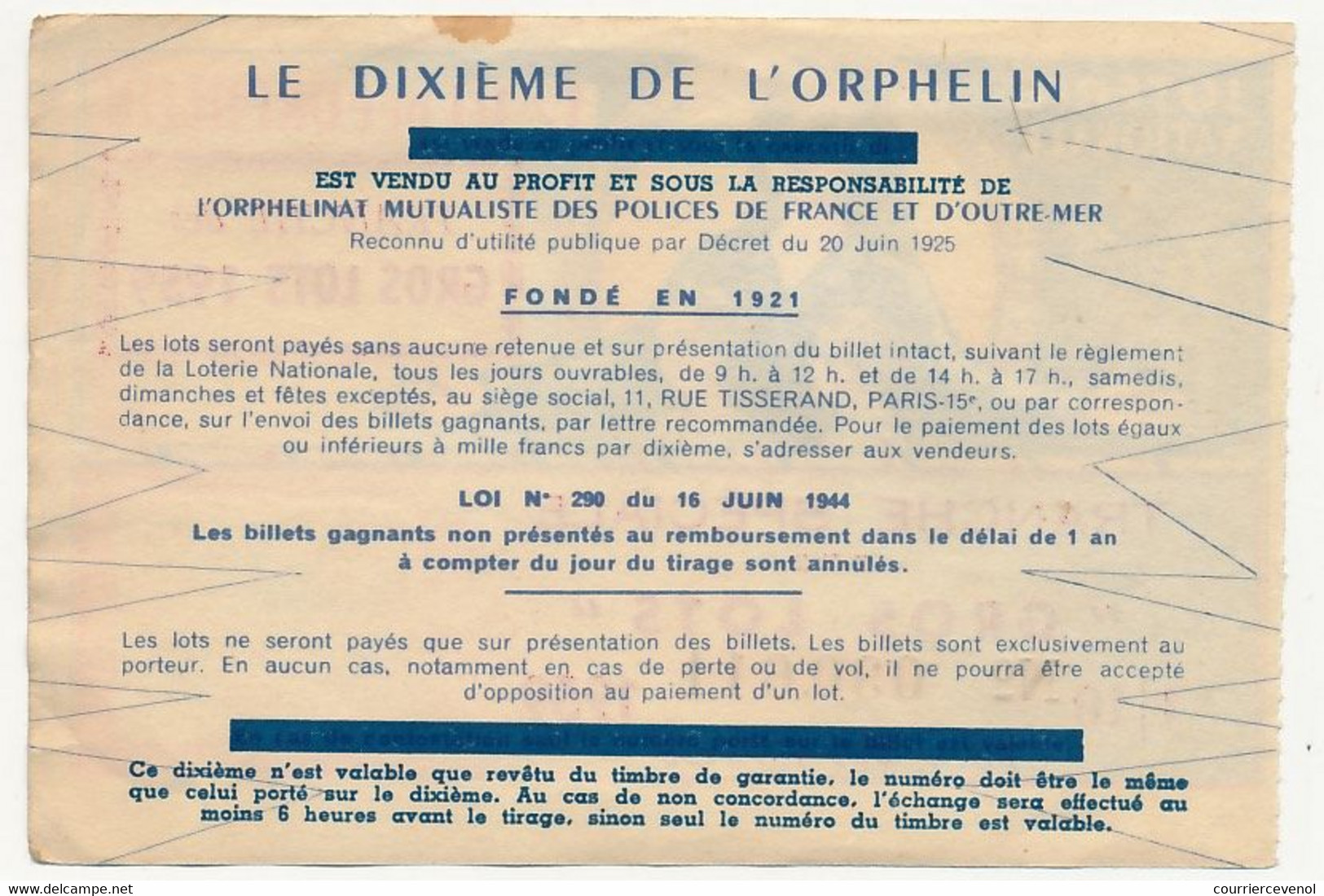 FRANCE - Loterie Nationale - 1/10ème De L'Orphelin - Tranche Spéciale Des Gros Lots - 1959 - Billets De Loterie