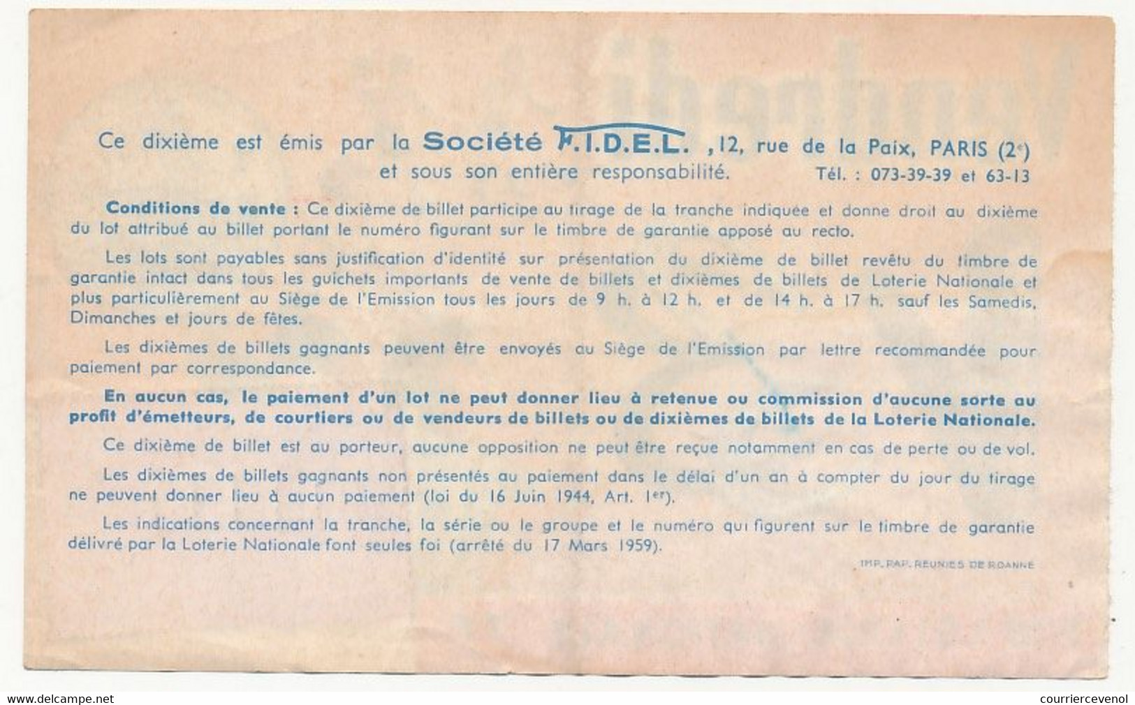 FRANCE - Loterie Nationale - 1/10ème - F.I.D.E.L. - Tranche Du Vendredi 13 - 1973 - Loterijbiljetten