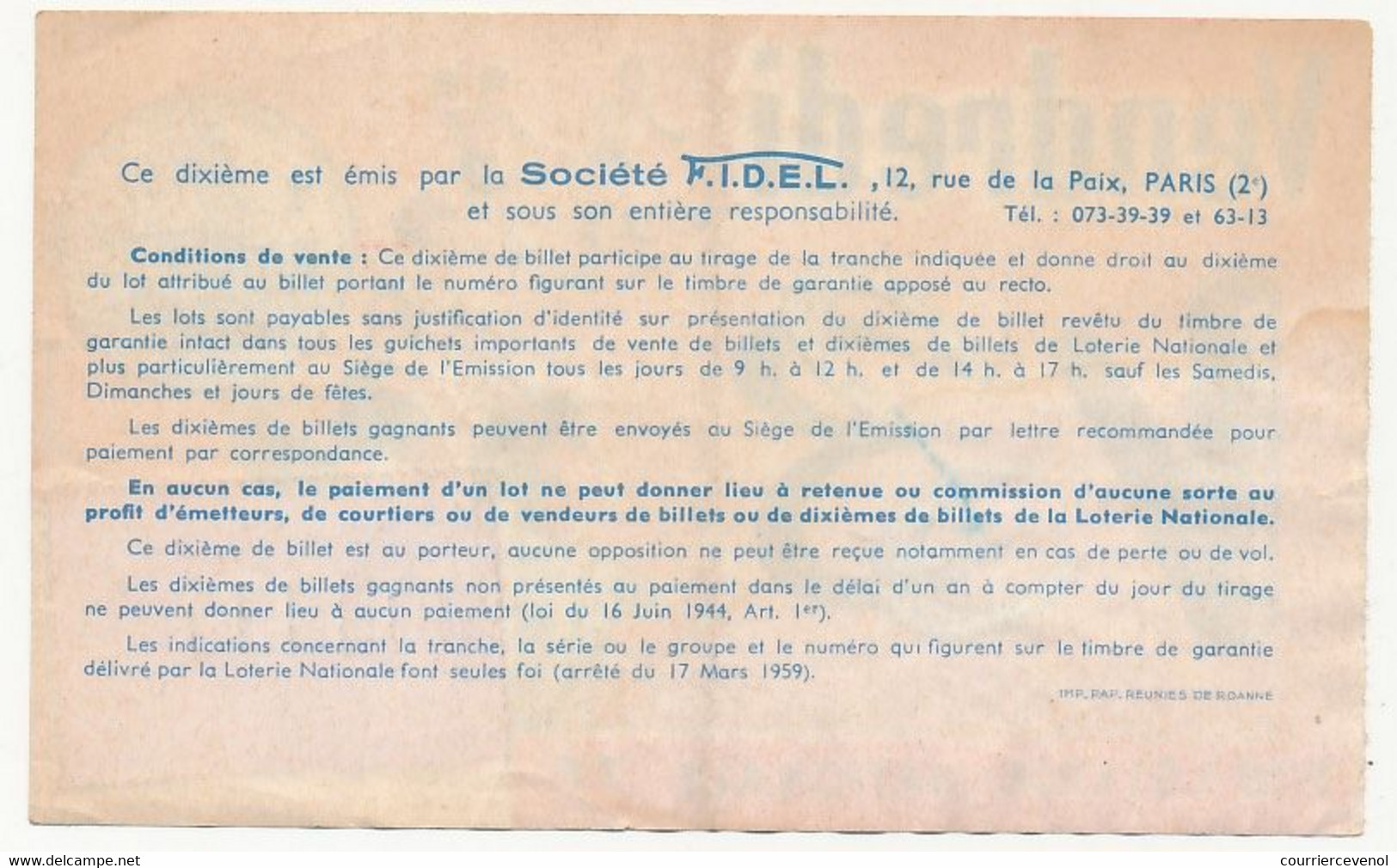 FRANCE - Loterie Nationale - 1/10ème - F.I.D.E.L. - Tranche Du Vendredi 13 - 1973 - Billets De Loterie