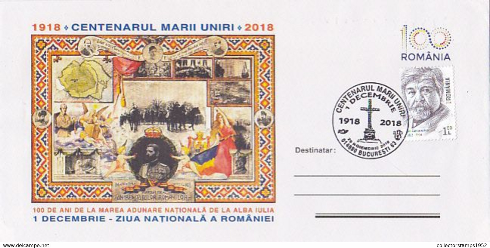 9027FM- GREAT UNION CENTENARY, KING CAROL I, SPECIAL COVER, 2018, ROMANIA - Covers & Documents