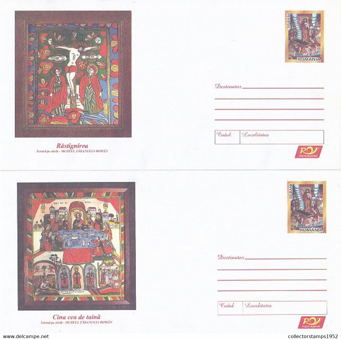 9030FM- JESUS' CRUCIFIXION, LAST SUPPER ICONS, PAINTINGS, RELIGION, COVER STATIONERY, 2X, 2006, ROMANIA - Tableaux