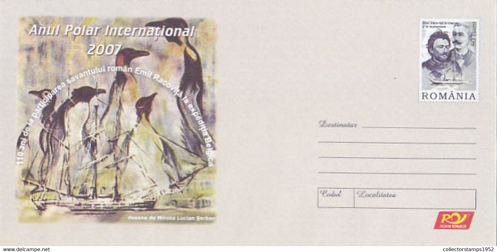 9034FM- INTERNATIONAL POLAR YEAR, BELGICA SHIP, EMIL RACOVITA, PENGUINS, COVER STATIONERY, 2007, ROMANIA - International Polar Year