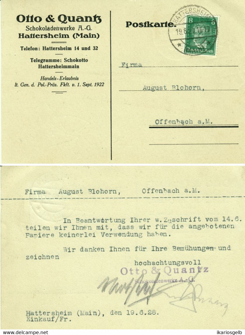 Hattersheim Main 1928 " Otto & Quantz Schokoladenwerke = Sarotti -Vorläufer " Vertreter- Geschäfts- Postkarte - Gross-Gerau