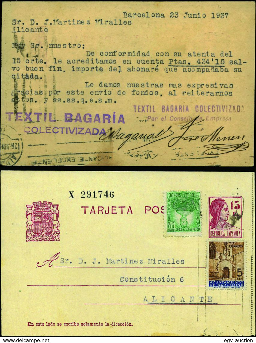 España - Edi O EP 69 - Entero Postal Con Marcas En Reverso "Textil Bagaría - Colectivizado" - 1931-....