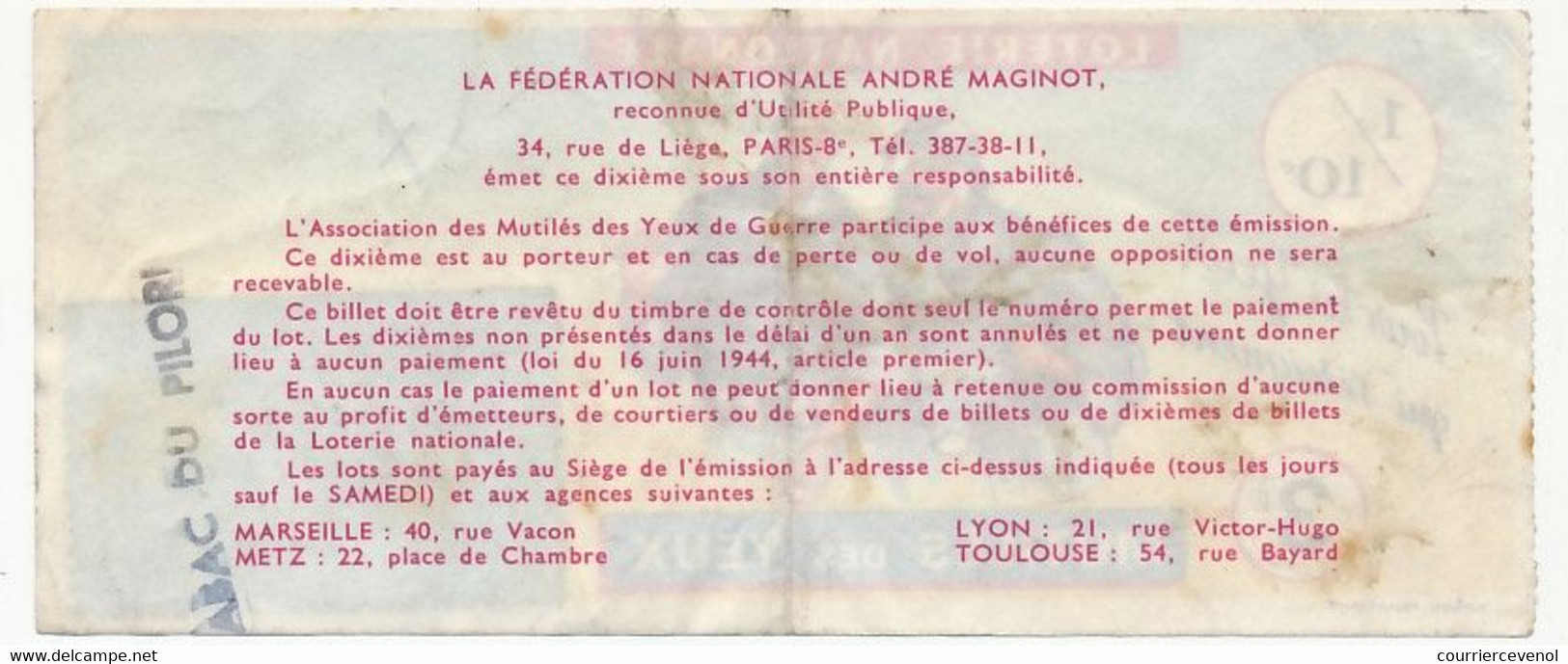 FRANCE - Loterie Nationale - 1/10ème - Mutilés Des Yeux - 21eme Tranche 1966 - Billets De Loterie