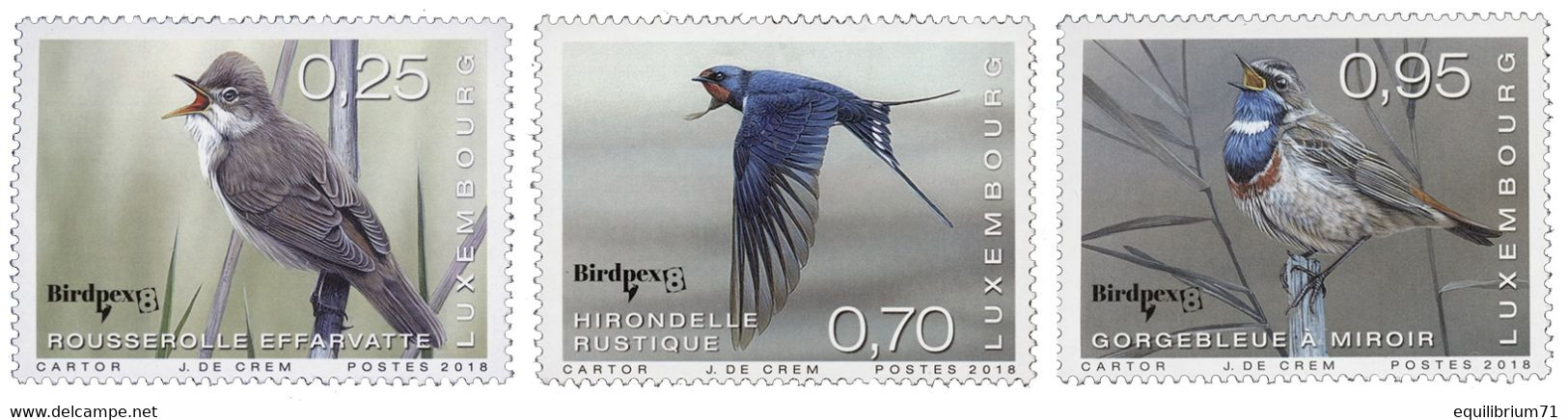 Timbre Privé / Privézegel** - Luxembourg - Birdpex 8  - Hirondelle Rustique - Gorge-bleu - Rousserolle Effarvatte - Hirondelles