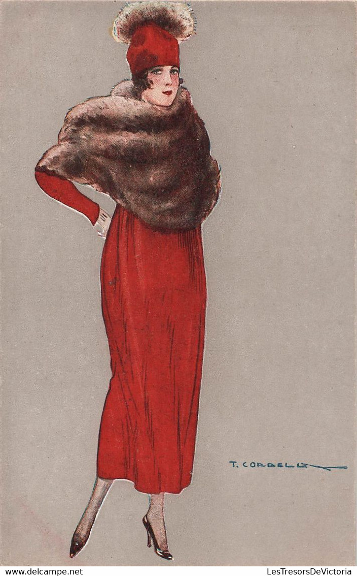 CPA Illustrateur - Corbella - Femme En Robe Rouge Et Col En Fourrure Brune - Corbella, T.