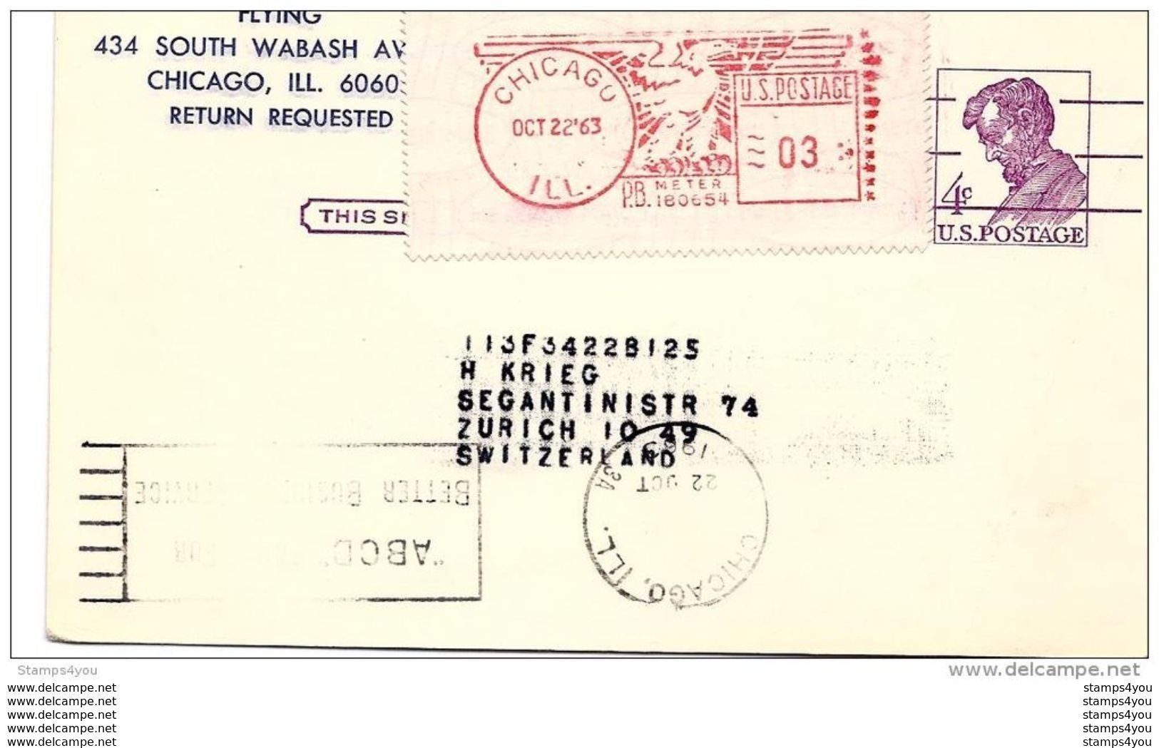 96 - 64 - Entier Postal Avec Affranchissement Complémentaire Envoyé De Chicago En Suisse 1963 - 1961-80