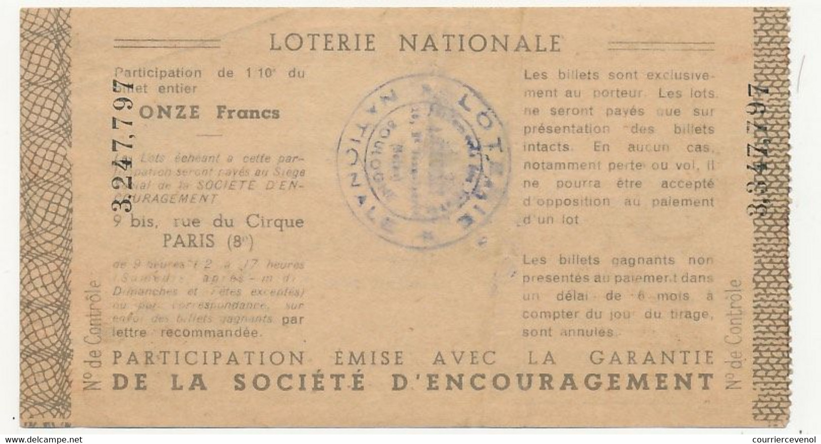 FRANCE - Loterie Nationale - 1/10ème - Société D'encouragement - 22eme Tranche - 1941 - Billets De Loterie