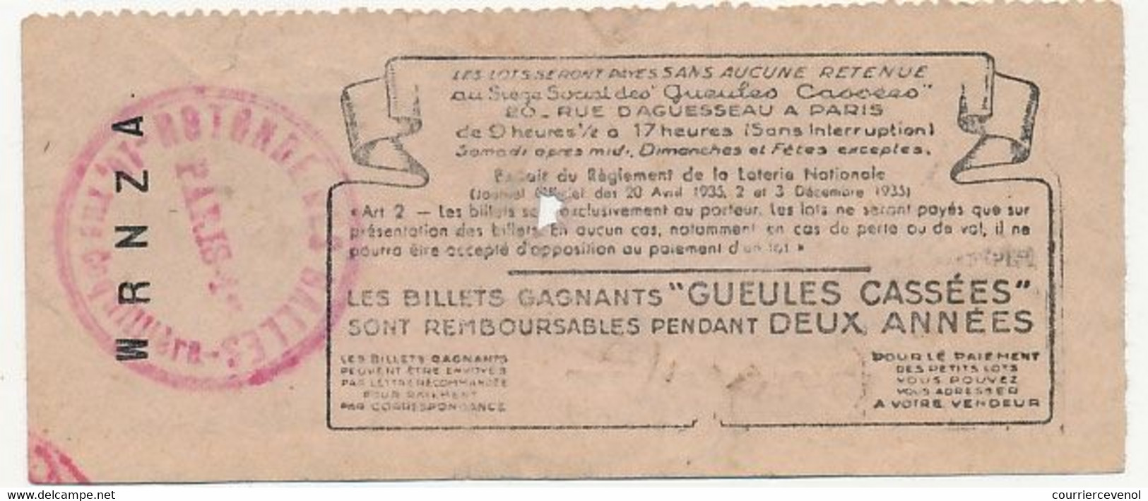 FRANCE - Loterie Nationale - 1/10ème - Les Gueules Cassées - (Marseillaise) - 15eme Tranche 1943 - Billets De Loterie