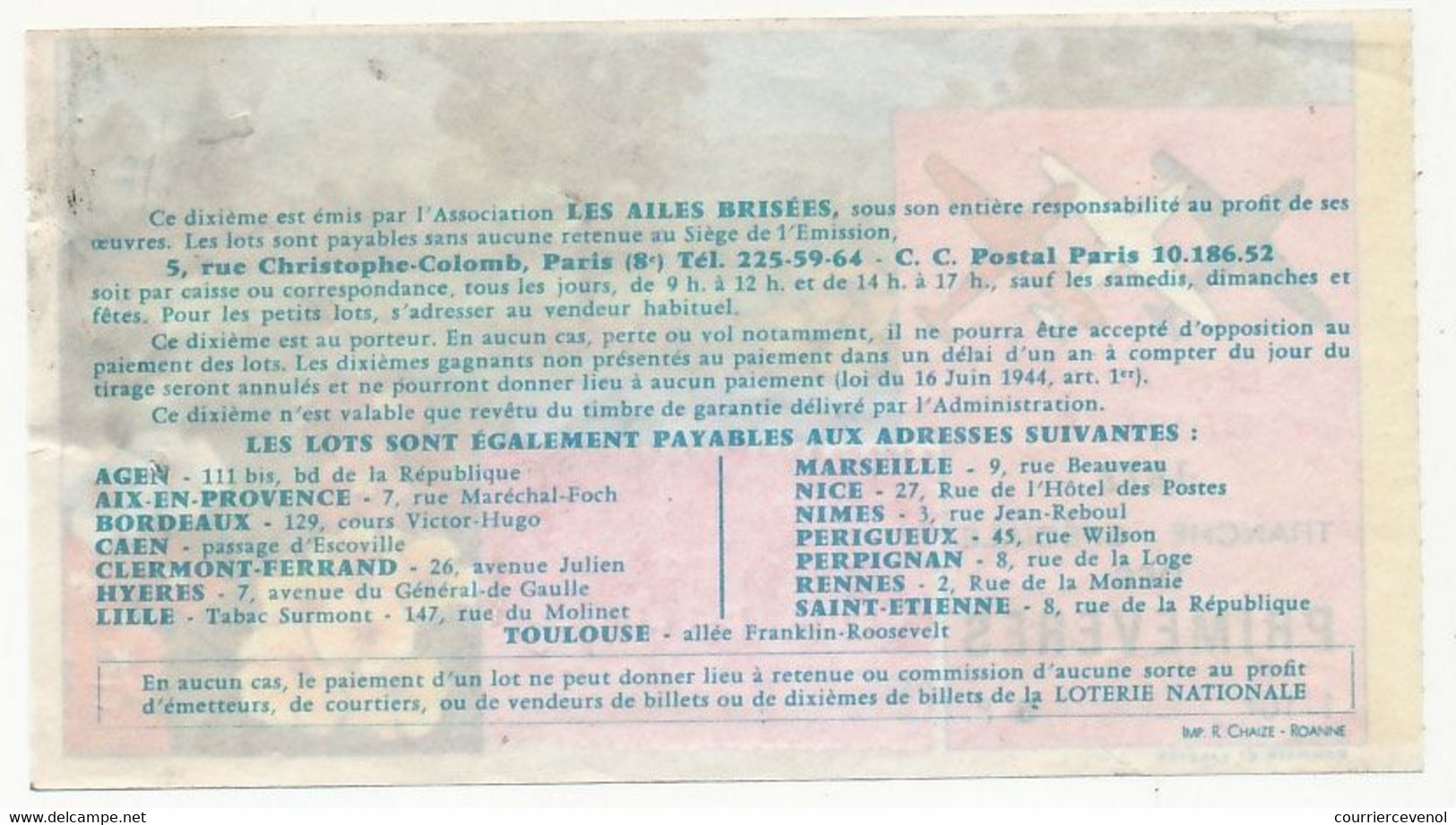 FRANCE - Loterie Nationale - 1/10ème - Les Ailes Brisées - Tranche Spéciale Des Primevères - 1972 - Lottery Tickets